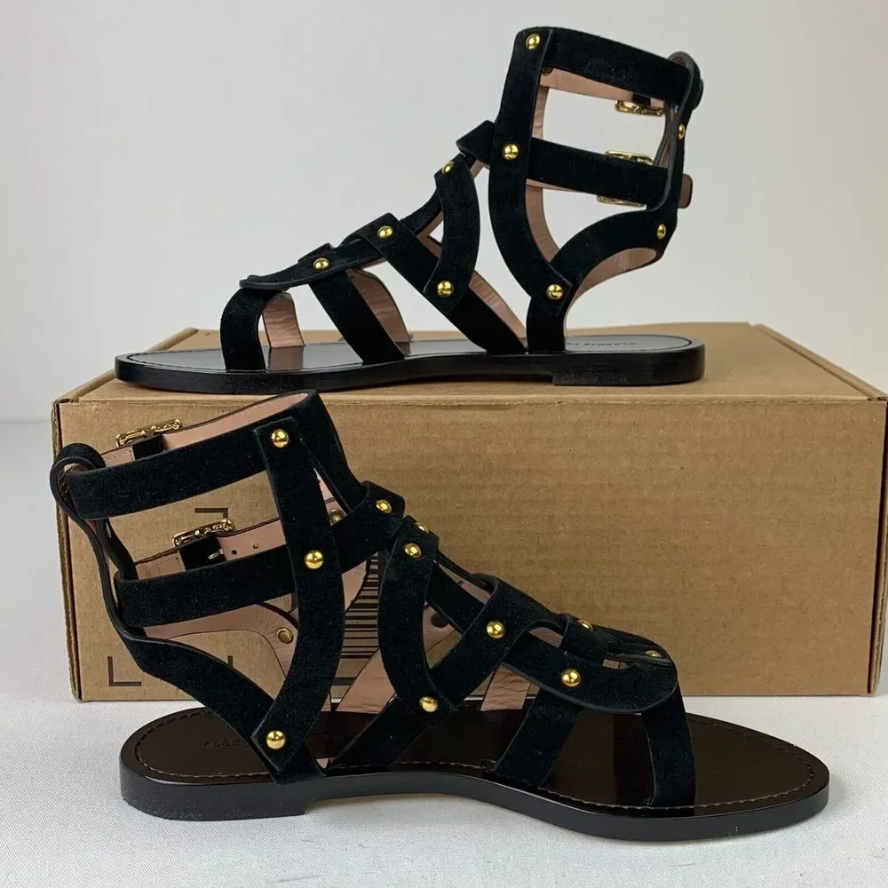 Alberta Ferretti Womens Gladiator Flat Sandal Black Suede Ankle Strap Shoes 6/37